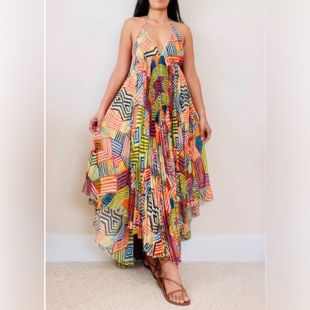 Alice + Olivia Ollie Multicolor Print Open Back Chiffon Halter Maxi Dress Size 6